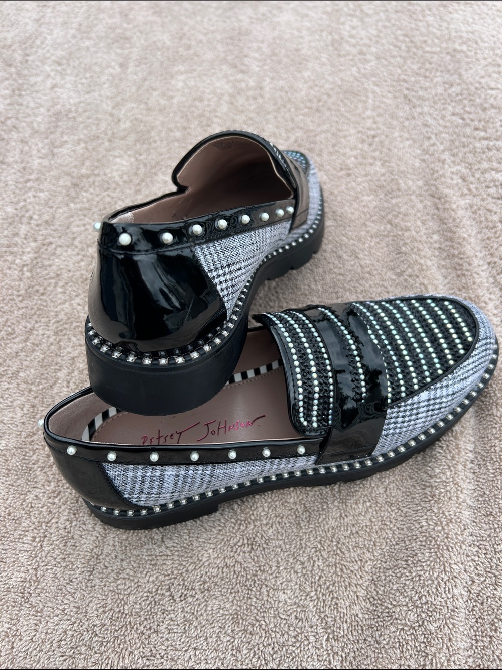 Betsey Johnson Glen Plaid Patent Rhinestone Pearl Embellished Loafers Black - Picture 3 of 10